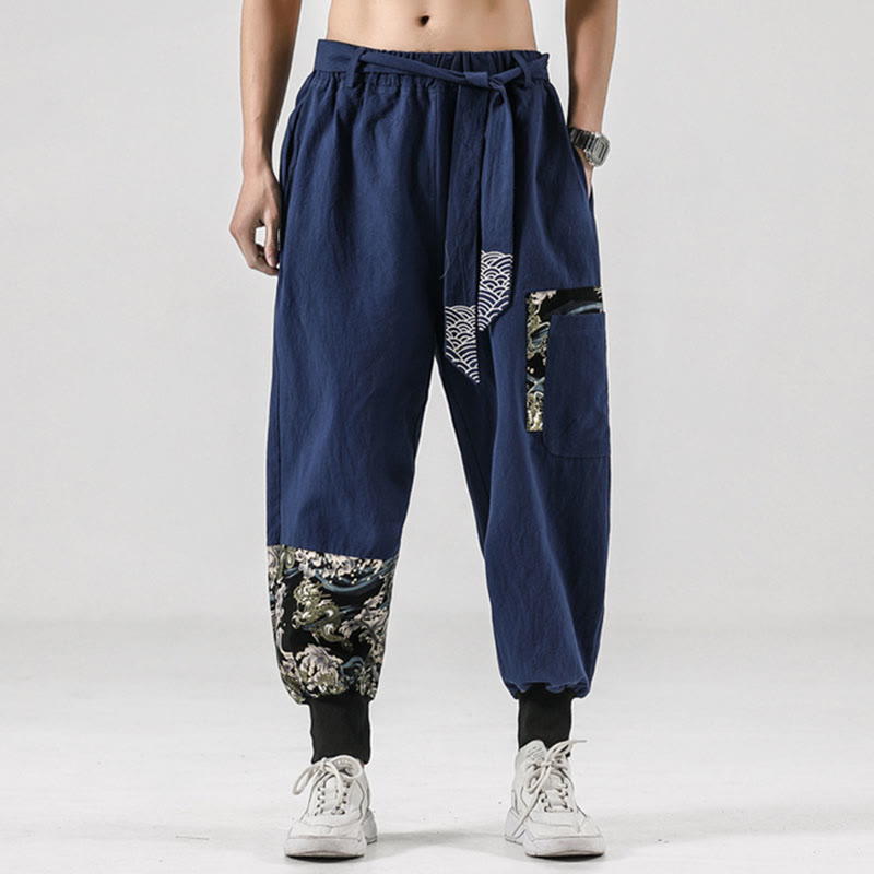 Ocean Waves Lace-up Cotton Men's Harem Pants With Pockets