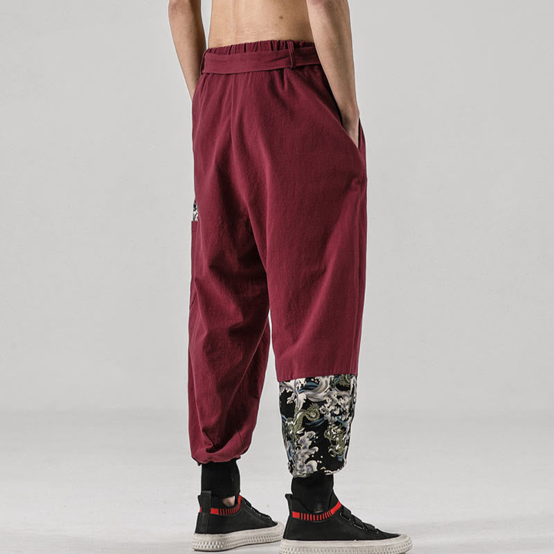 Ocean Waves Lace-up Cotton Men's Harem Pants With Pockets