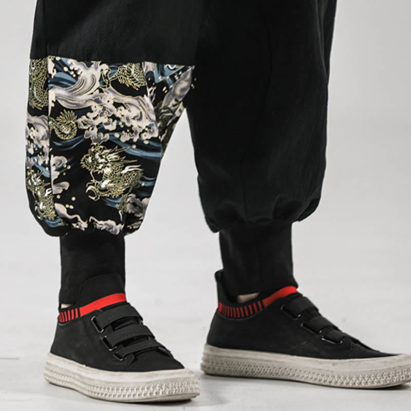 Ocean Waves Lace-up Cotton Men's Harem Pants With Pockets