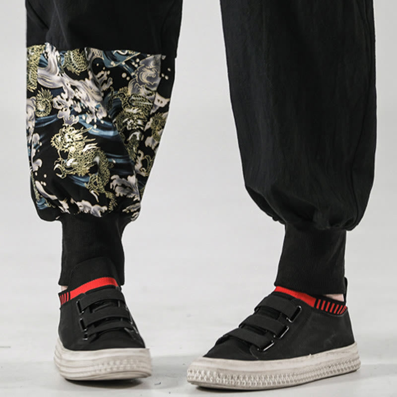 Ocean Waves Lace-up Cotton Men's Harem Pants With Pockets