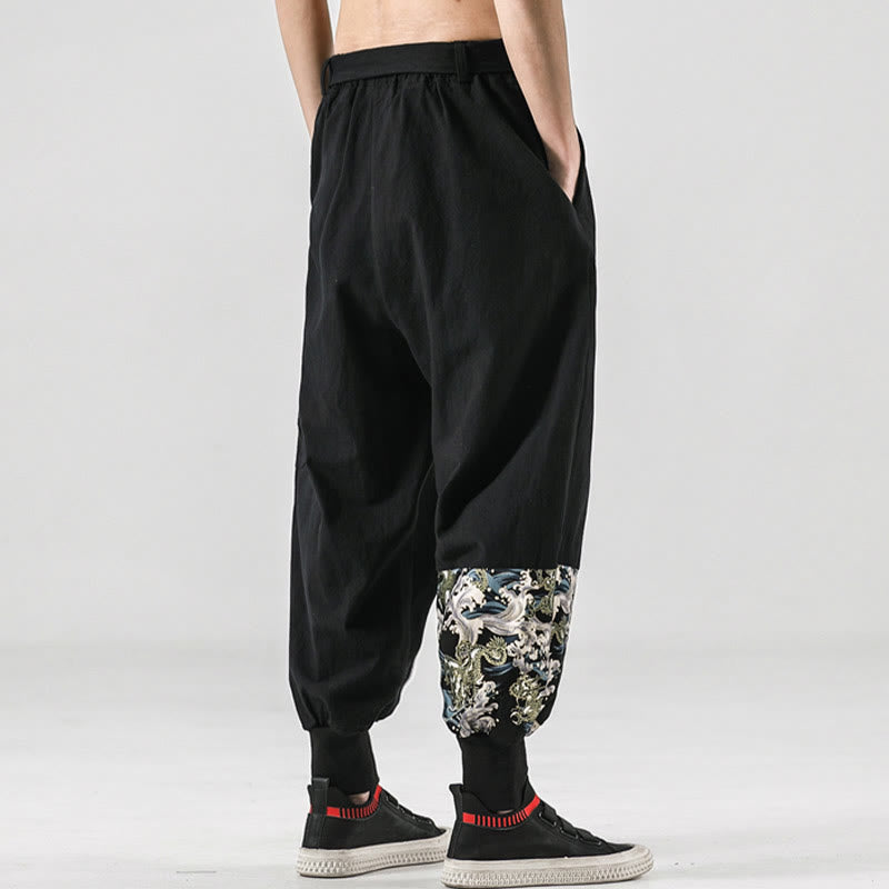 Ocean Waves Lace-up Cotton Men's Harem Pants With Pockets