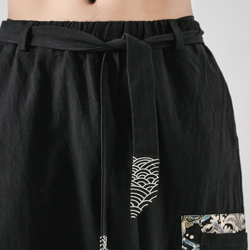Ocean Waves Lace-up Cotton Men's Harem Pants With Pockets