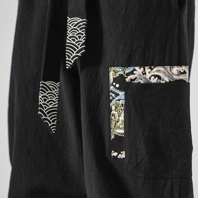 Ocean Waves Lace-up Cotton Men's Harem Pants With Pockets