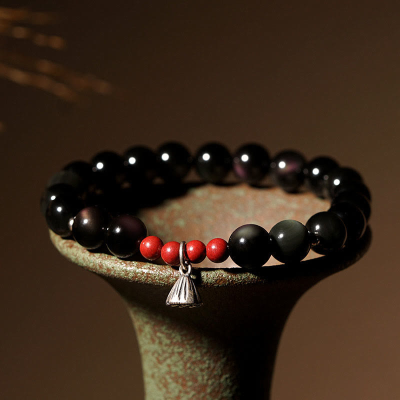 Natural Black Obsidian and Cinnabar Beaded Lotus Charm Bracelet