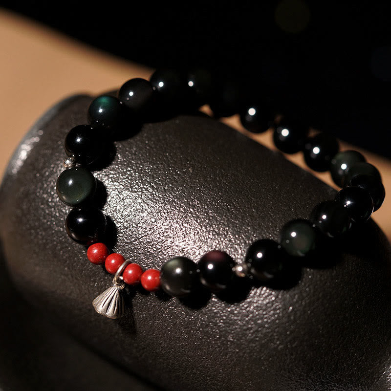 Natural Black Obsidian and Cinnabar Beaded Lotus Charm Bracelet