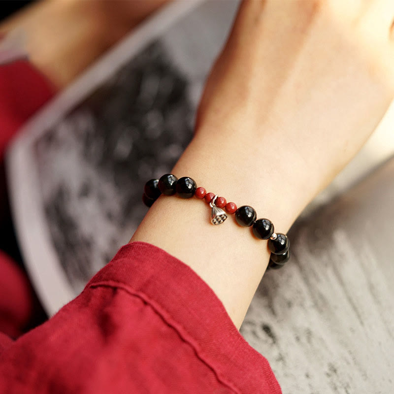 Natural Black Obsidian and Cinnabar Beaded Lotus Charm Bracelet