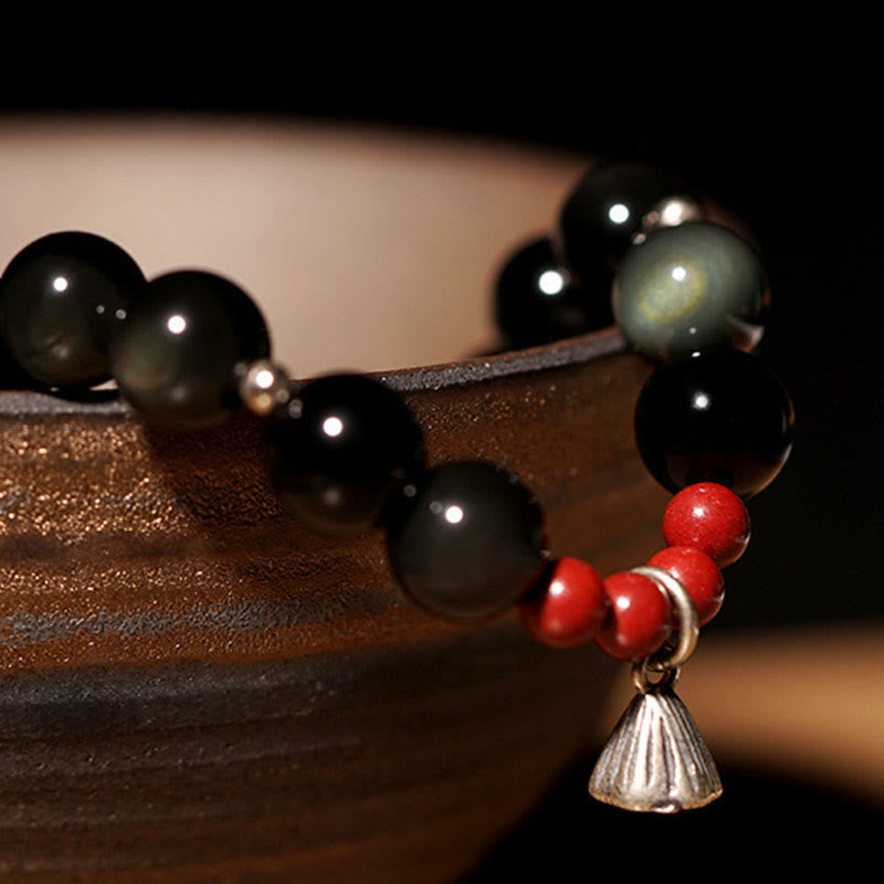 Natural Black Obsidian and Cinnabar Beaded Lotus Charm Bracelet