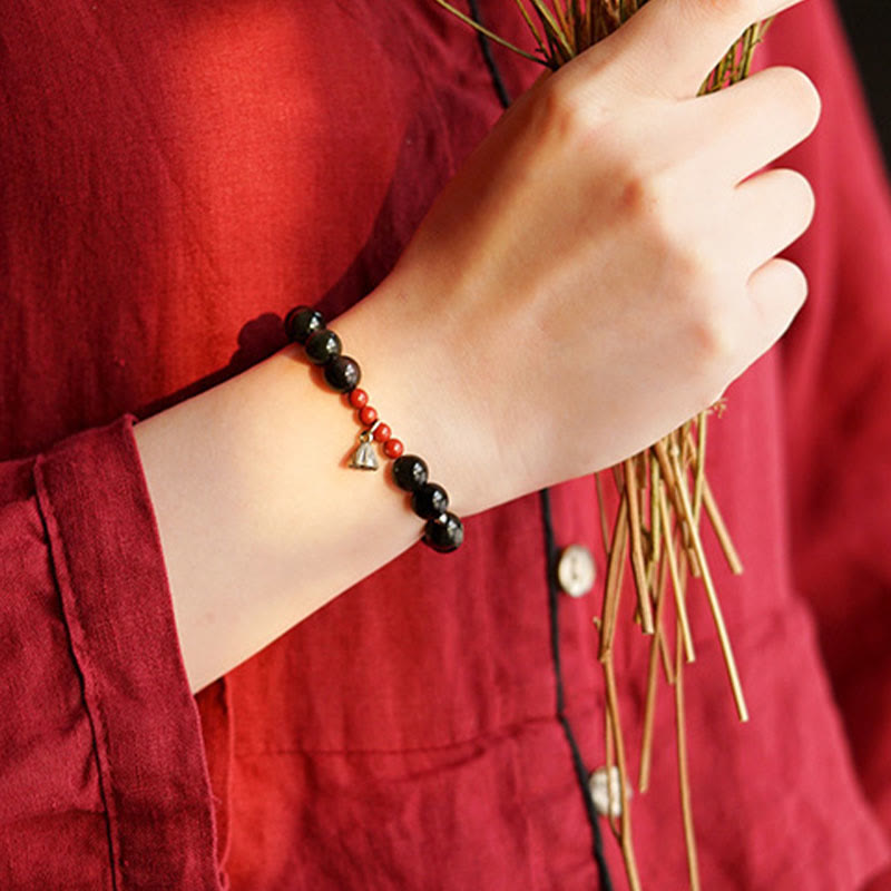 Natural Black Obsidian and Cinnabar Beaded Lotus Charm Bracelet