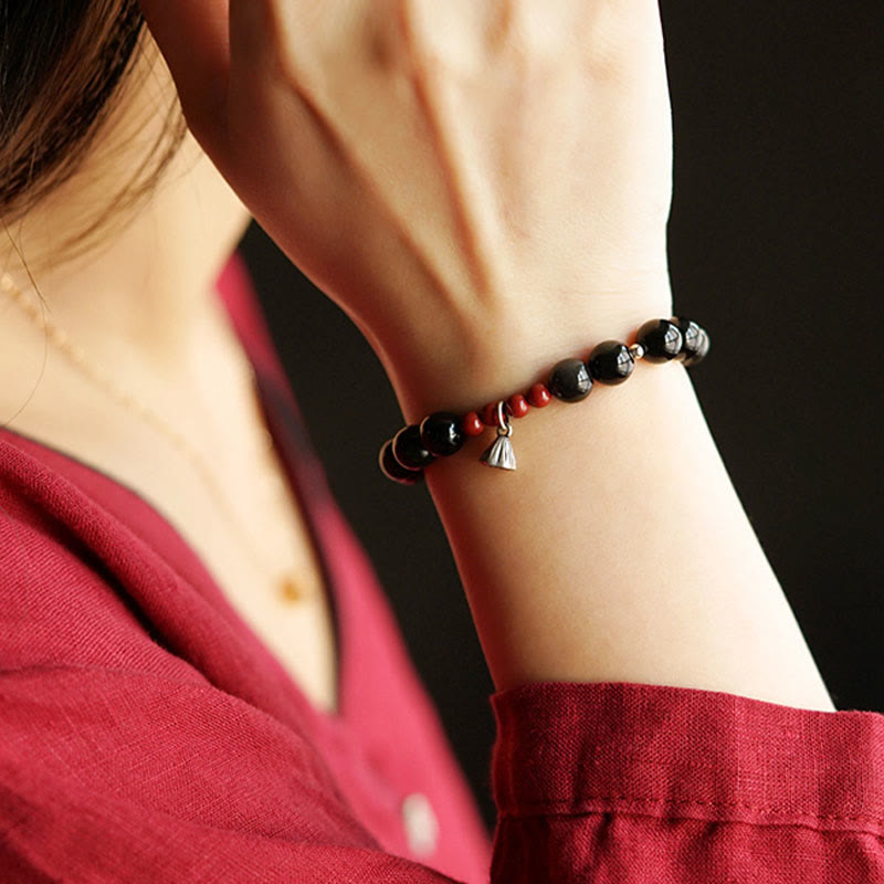 Natural Black Obsidian and Cinnabar Beaded Lotus Charm Bracelet