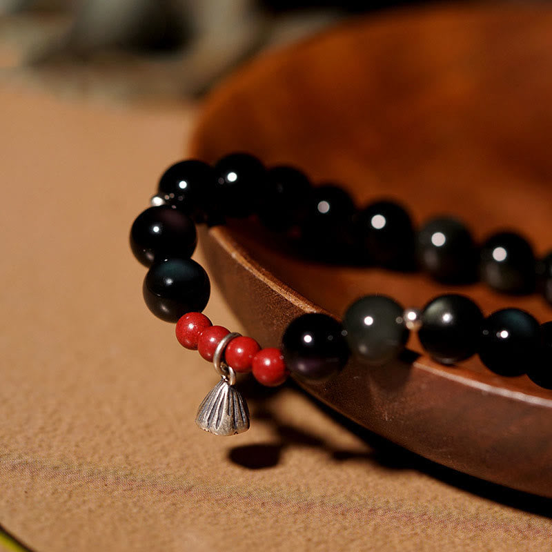 Natural Black Obsidian and Cinnabar Beaded Lotus Charm Bracelet