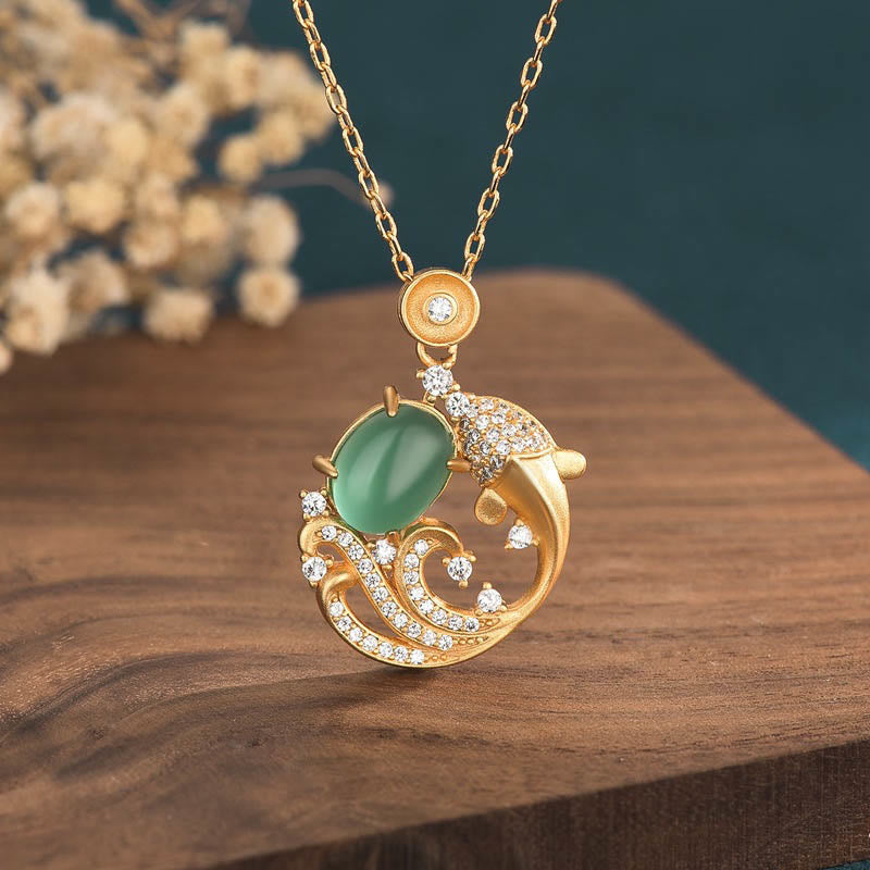 Green Chalcedony Koi Fish Strength Necklace Pendant