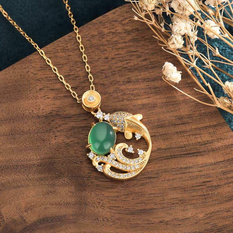 Green Chalcedony Koi Fish Strength Necklace Pendant