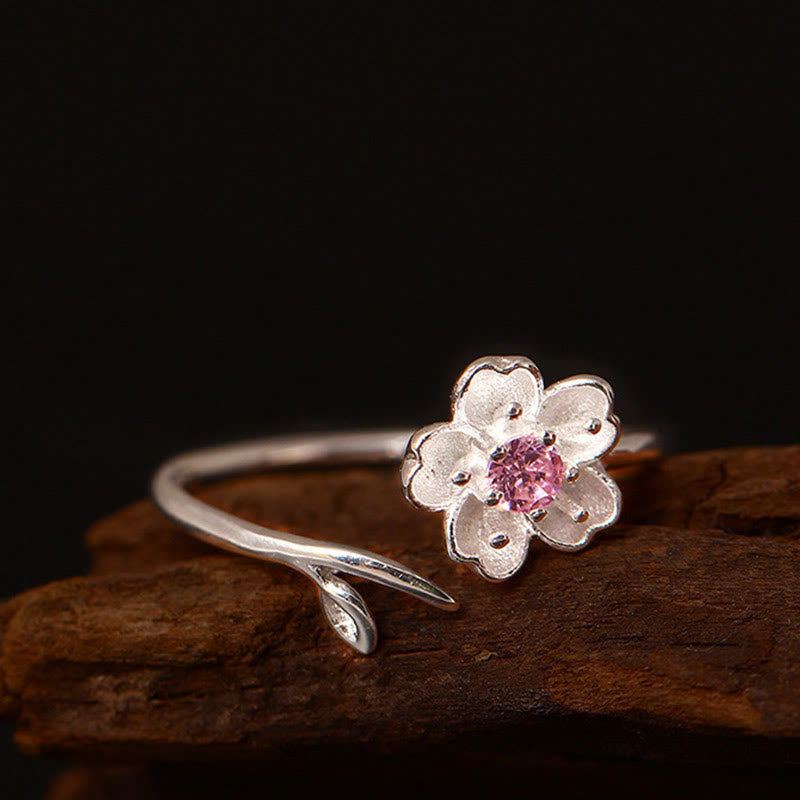 925 Sterling Silver Cherry Blossom Sakura Flower Blessing Adjustable Ring