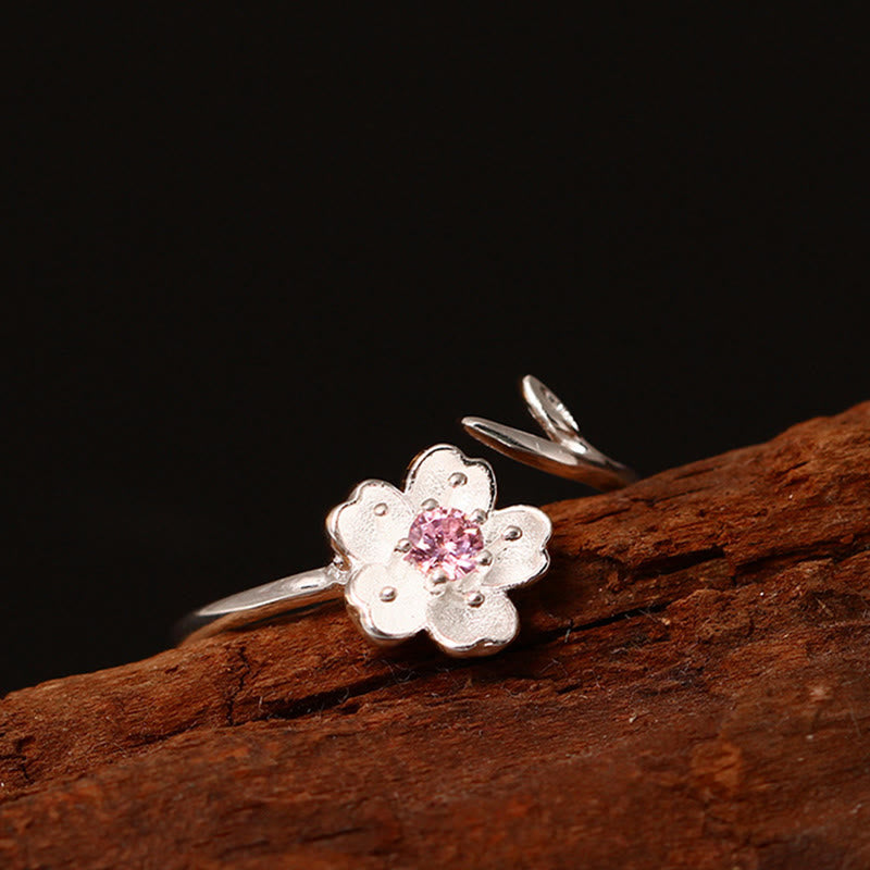 925 Sterling Silver Cherry Blossom Sakura Flower Blessing Adjustable Ring