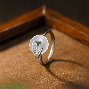 Chalcedony Bamboo Leaf Pattern Positive Adjustable Ring