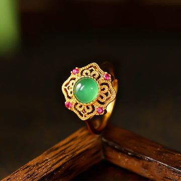Green Chalcedony & Zircon Gold-Plated Copper Hollow Pattern Adjustable Strength Ring