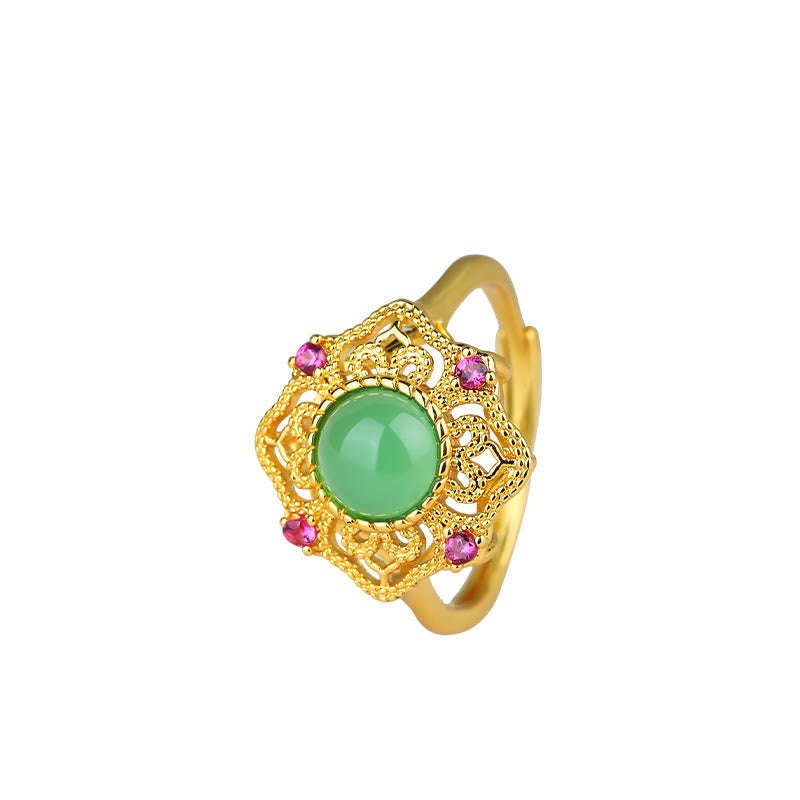 Green Chalcedony & Zircon Gold-Plated Copper Hollow Pattern Adjustable Strength Ring
