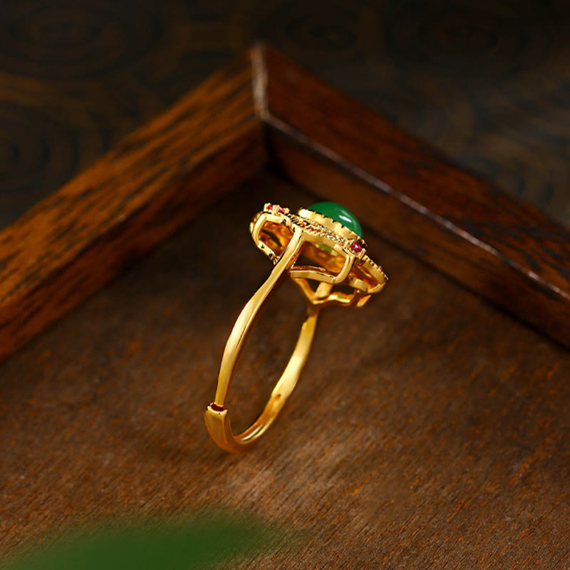 Green Chalcedony & Zircon Gold-Plated Copper Hollow Pattern Adjustable Strength Ring