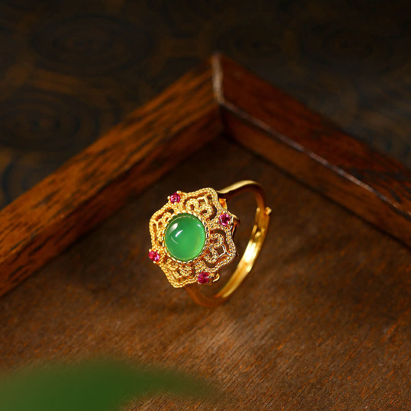 Green Chalcedony & Zircon Gold-Plated Copper Hollow Pattern Adjustable Strength Ring