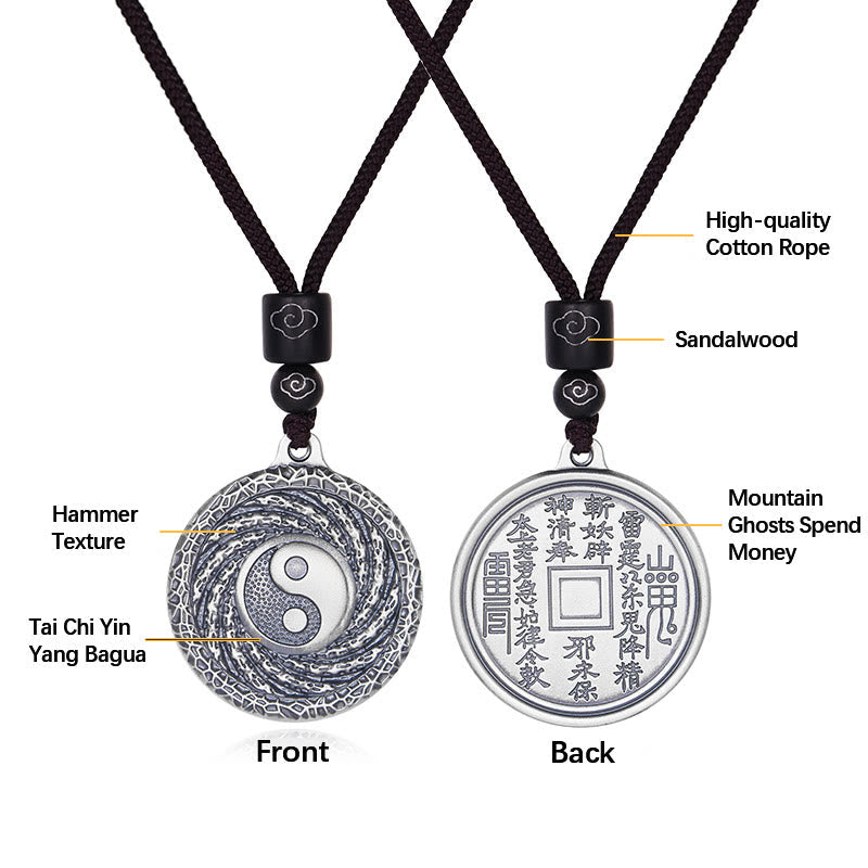 999 Sterling Silver Tai Chi Yin Yang Bagua Design Mountain Ghosts Spend Money Necklace Pendant