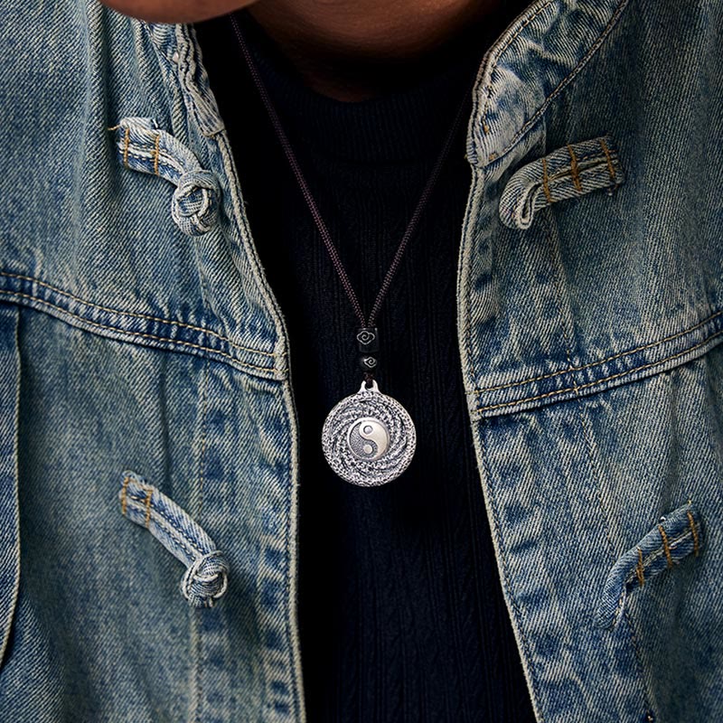 999 Sterling Silver Tai Chi Yin Yang Bagua Design Mountain Ghosts Spend Money Necklace Pendant