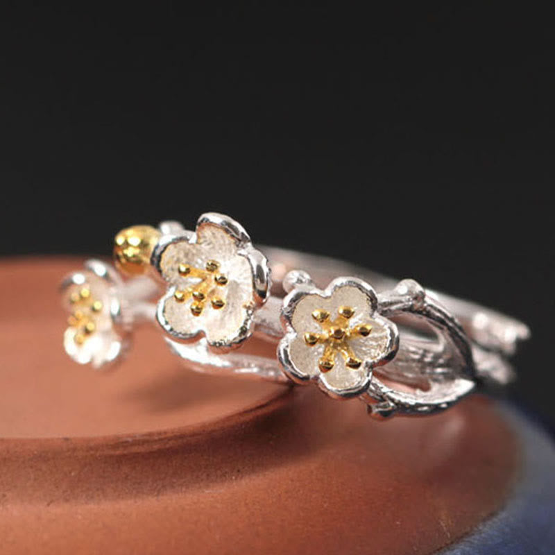 925 Sterling Silver Plum Blossom Nature Inspired Branch Ring