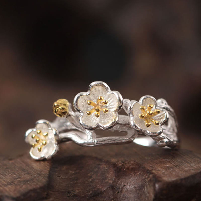 925 Sterling Silver Plum Blossom Nature Inspired Branch Ring