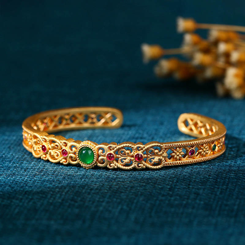 Green Chalcedony 24k Gold Plated Copper Strength Cuff Bracelet Bangle