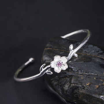 925 Sterling Silver Cherry Blossom Luck Bracelet Bangle