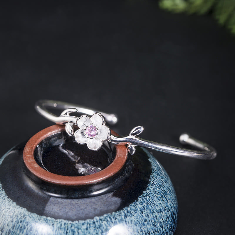 925 Sterling Silver Cherry Blossom Luck Bracelet Bangle