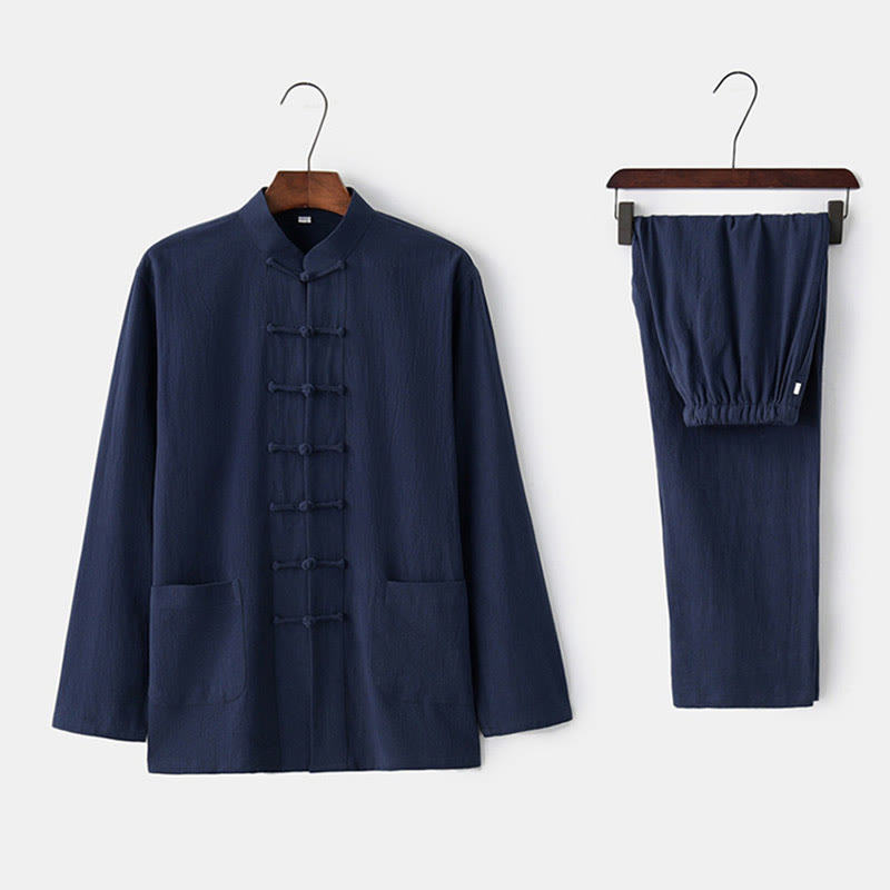 Frog-Button Tang Long Sleeve Shirt Pants Men's Suit