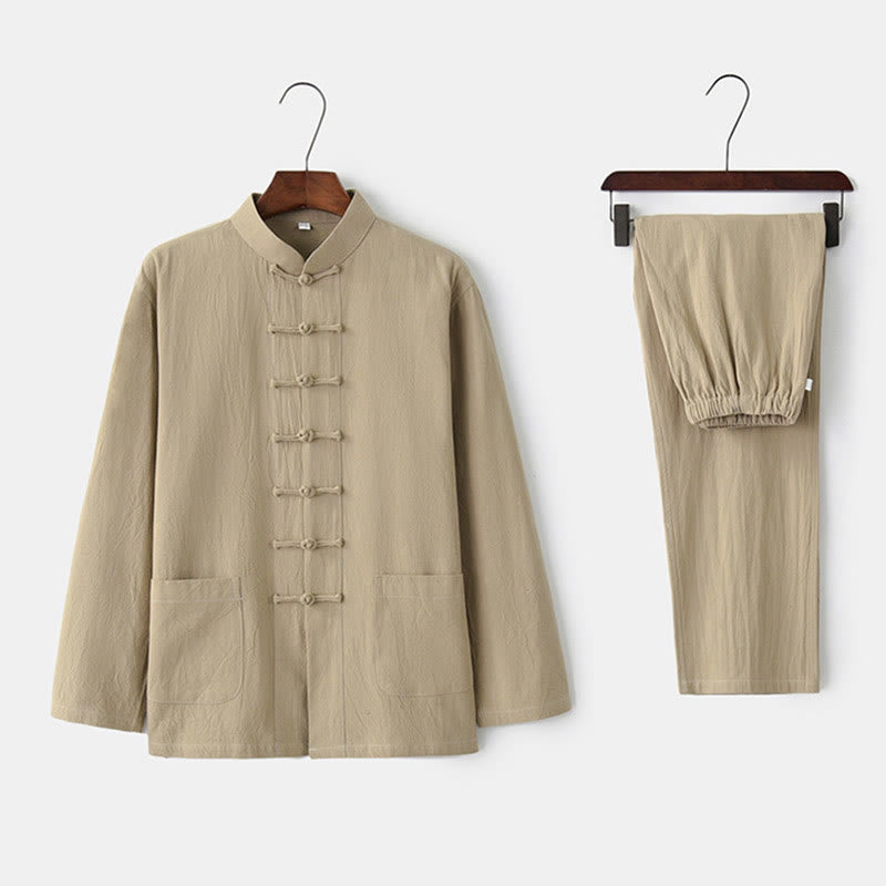 Frog-Button Tang Long Sleeve Shirt Pants Men's Suit