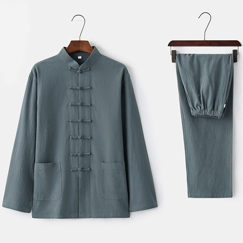Frog-Button Tang Long Sleeve Shirt Pants Men's Suit