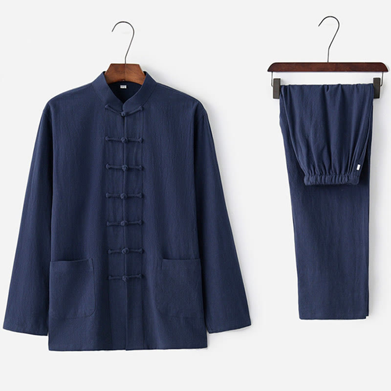 Frog-Button Tang Long Sleeve Shirt Pants Men's Suit
