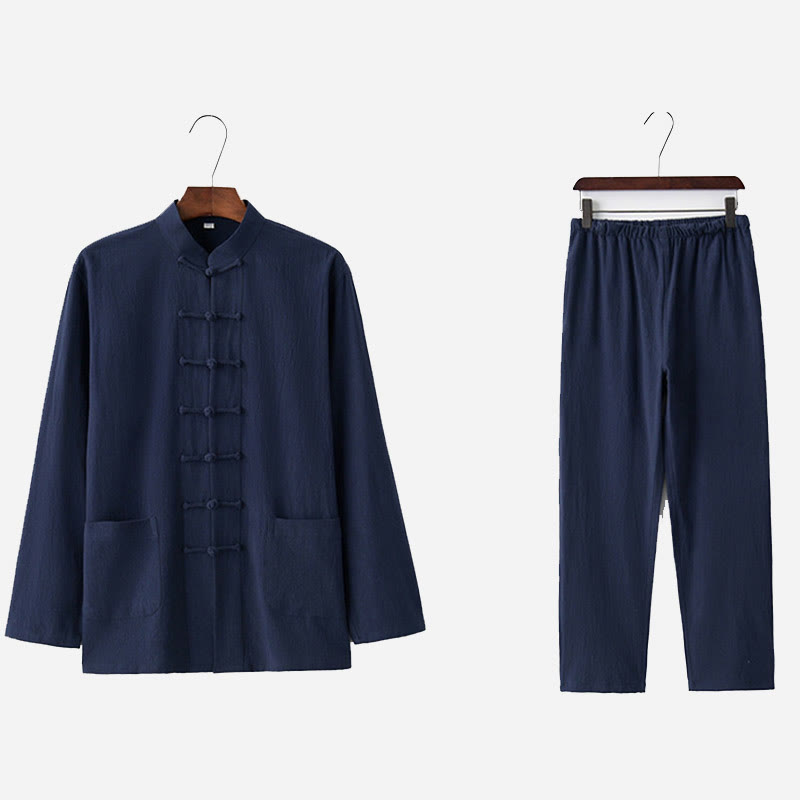Frog-Button Tang Long Sleeve Shirt Pants Men's Suit