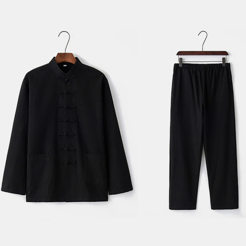 Frog-Button Tang Long Sleeve Shirt Pants Men's Suit