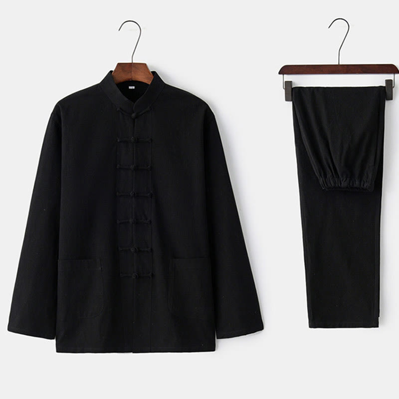 Frog-Button Tang Long Sleeve Shirt Pants Men's Suit