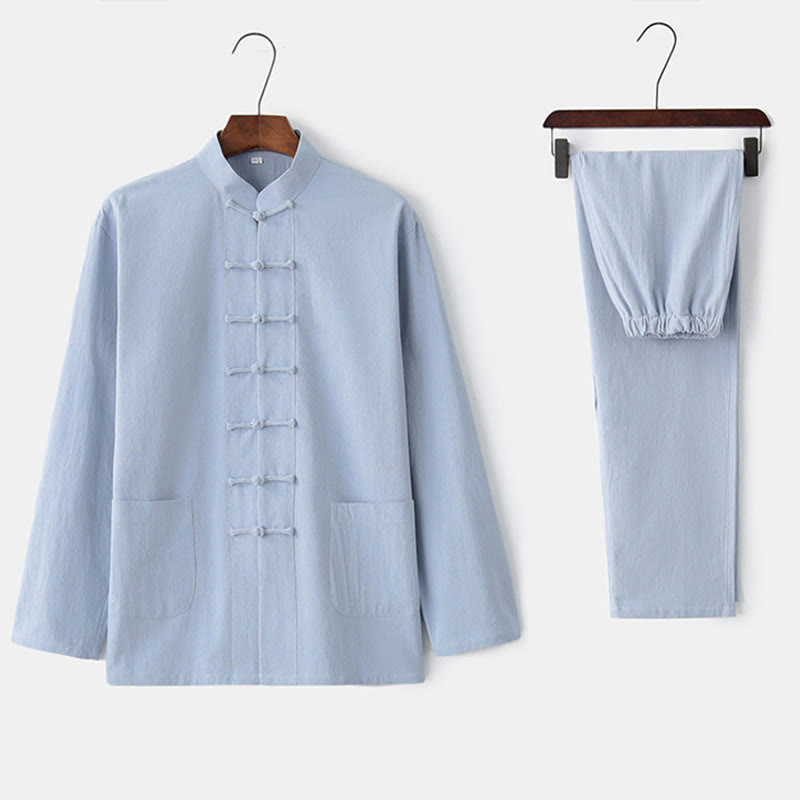 Frog-Button Tang Long Sleeve Shirt Pants Men's Suit