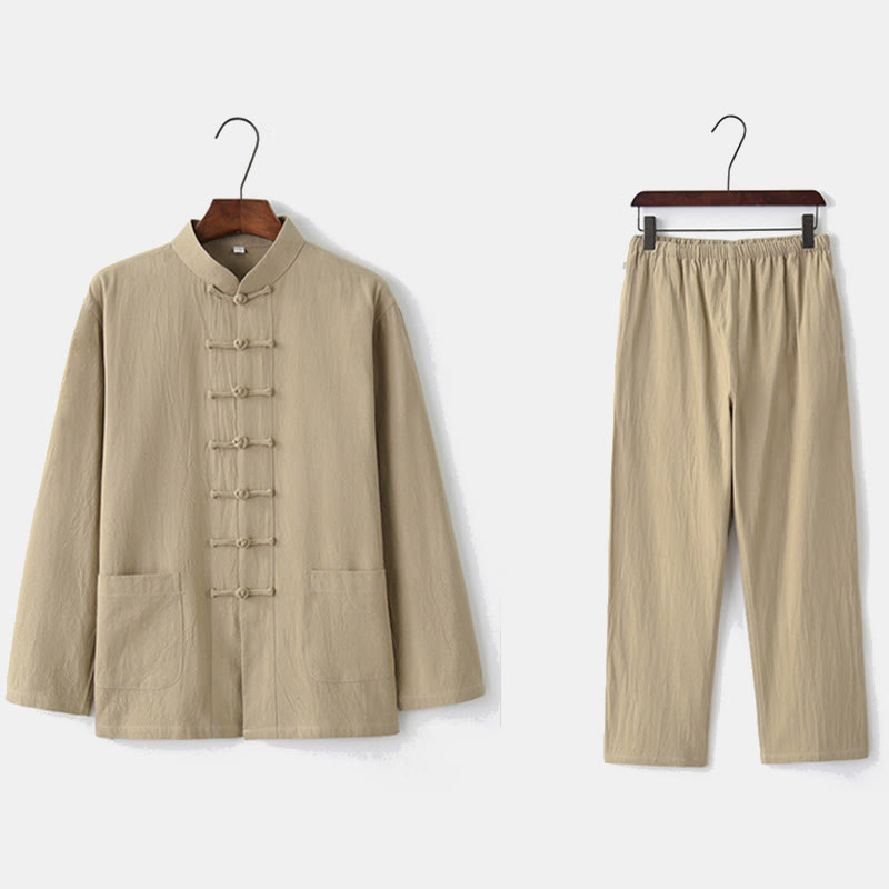 Frog-Button Tang Long Sleeve Shirt Pants Men's Suit
