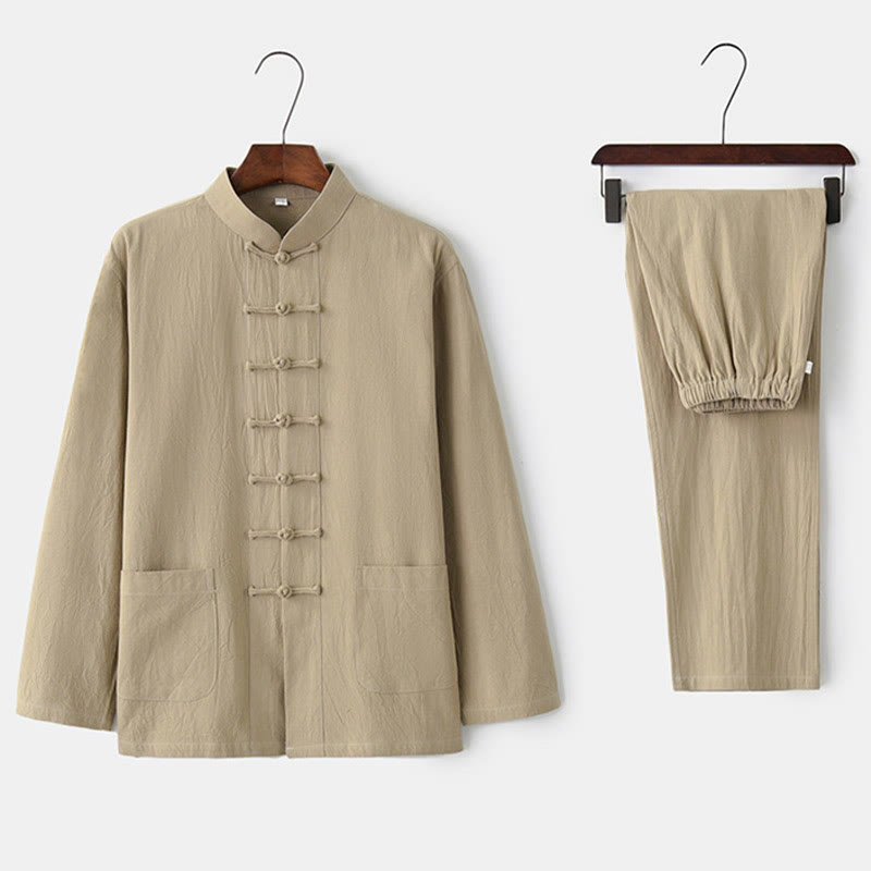 Frog-Button Tang Long Sleeve Shirt Pants Men's Suit