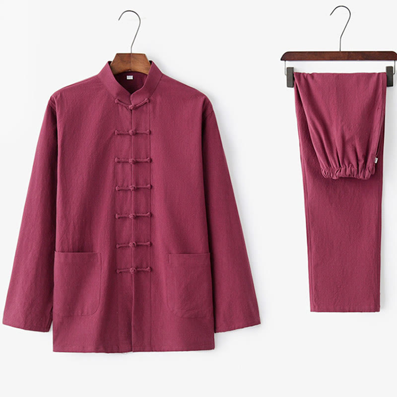 Frog-Button Tang Long Sleeve Shirt Pants Men's Suit