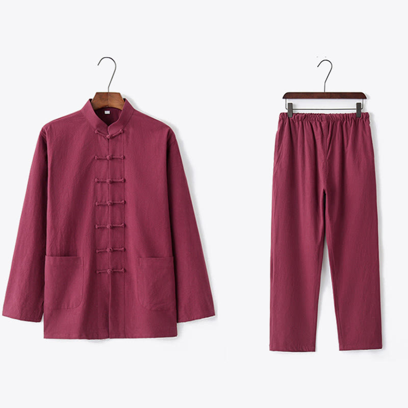 Frog-Button Tang Long Sleeve Shirt Pants Men's Suit