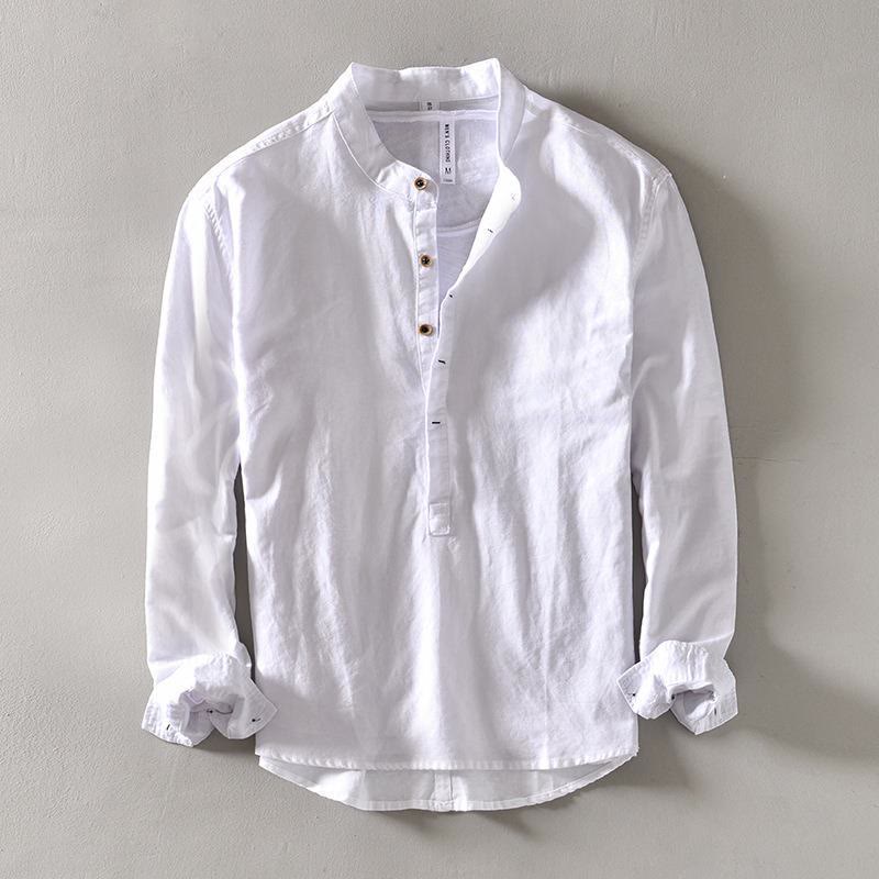 Solid Color Long Sleeve Half Button Shirt Cotton Linen Men Clothing