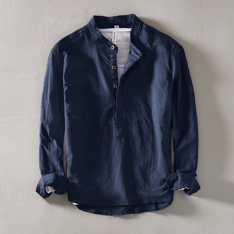 Solid Color Long Sleeve Half Button Shirt Cotton Linen Men Clothing