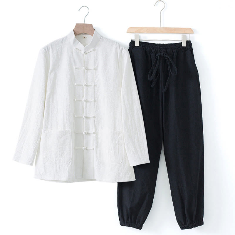 Meditation Frog-Button Tang Long Sleeve Shirt Pants Men's Suit