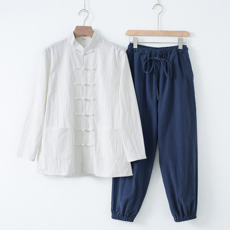 Meditation Frog-Button Tang Long Sleeve Shirt Pants Men's Suit