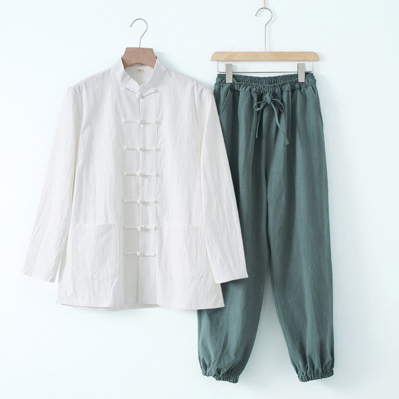 Meditation Frog-Button Tang Long Sleeve Shirt Pants Men's Suit