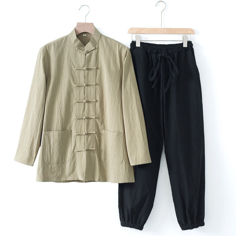 Meditation Frog-Button Tang Long Sleeve Shirt Pants Men's Suit