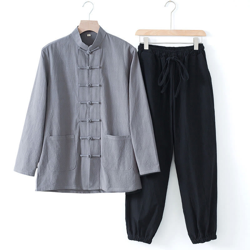 Meditation Frog-Button Tang Long Sleeve Shirt Pants Men's Suit