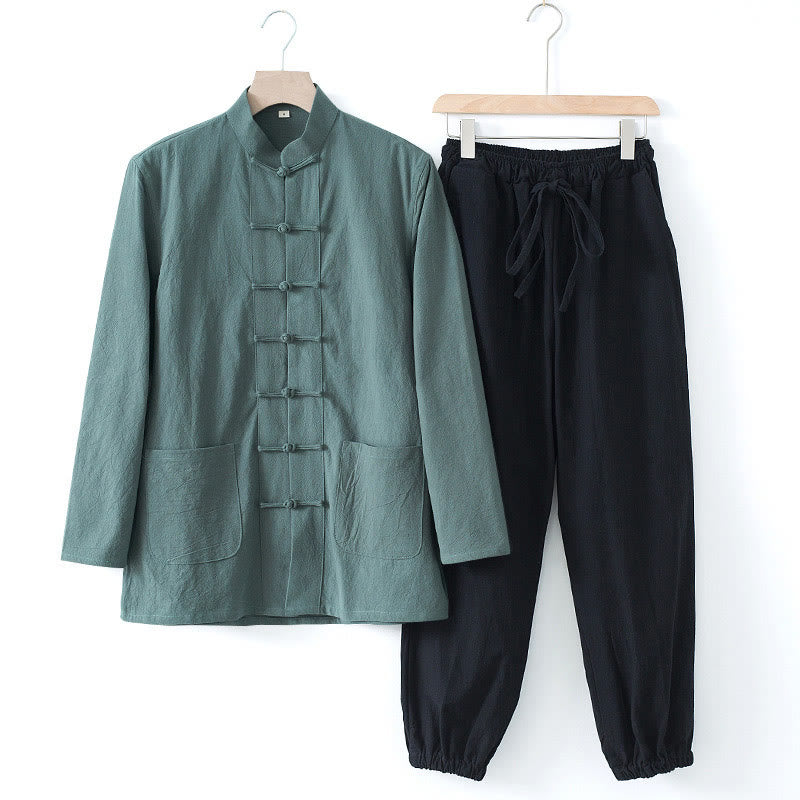 Meditation Frog-Button Tang Long Sleeve Shirt Pants Men's Suit